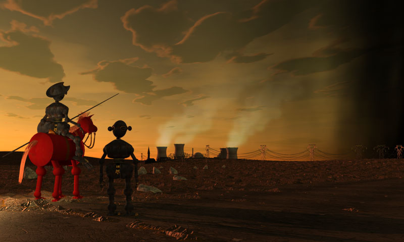 Don Quichotte de la Mancha et Sancho face a une centrale nucléaire atomique